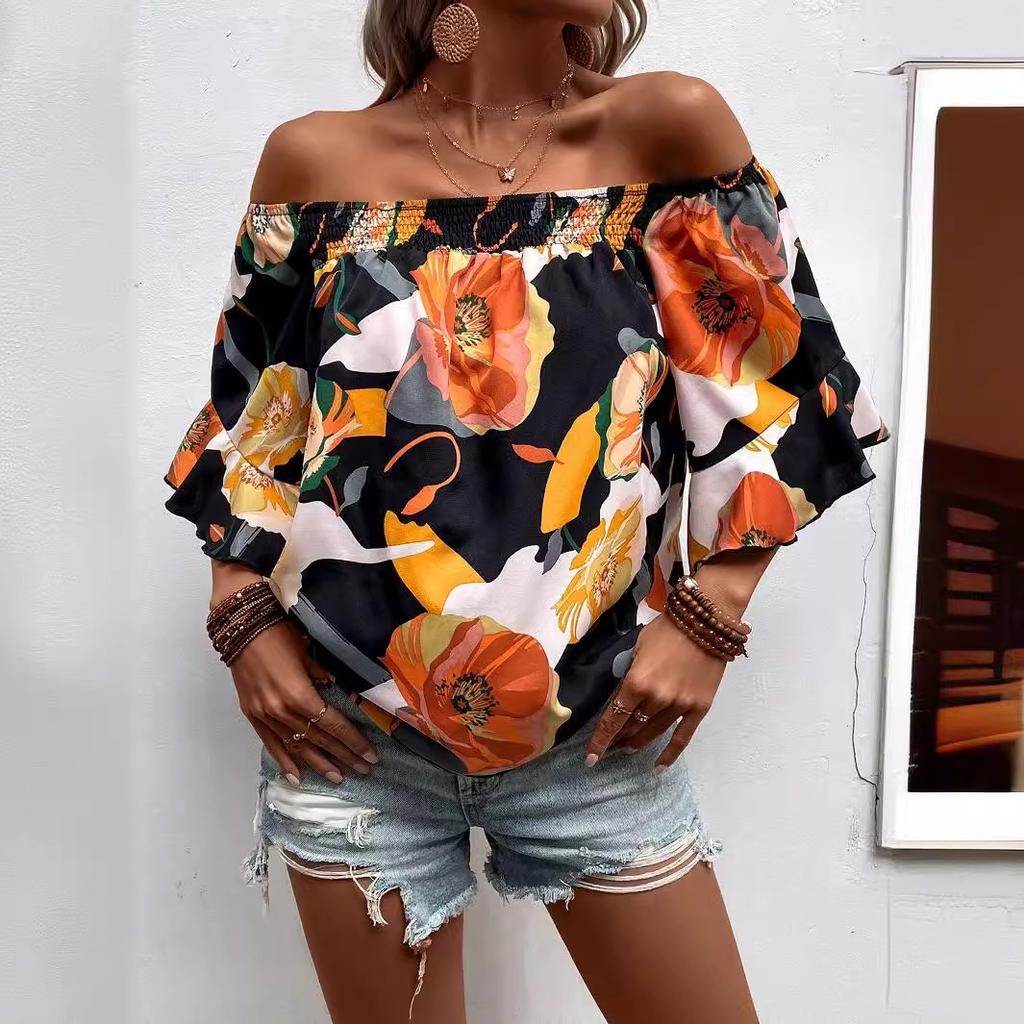 GMXIA Women's Fashion Casual Summer Floral Print Short Sleeve One Shoulder Blouses & Shirts