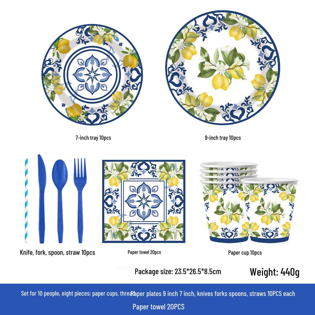 Cross-Border Blue & White Porcelain-Themed Disposable Party Set: Plates, Cups, Napkins for Birthday Decorations.