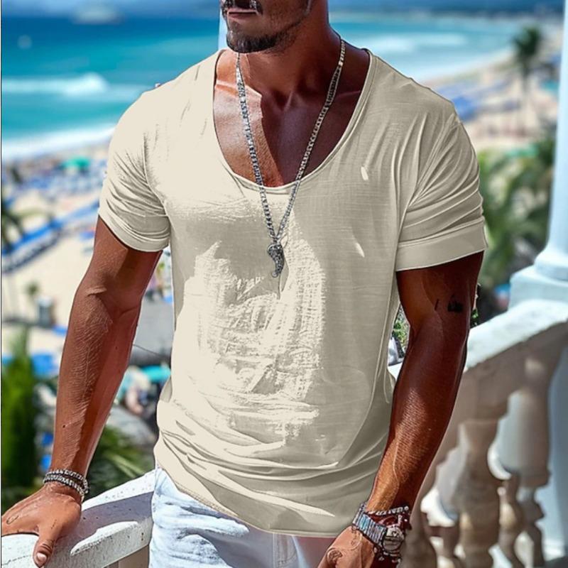Mens Deep U Neck Short Sleeve T Shirt Textured Stretch Casual Beach Slim Fit Summer Basic Tee
