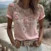 Women Tops Round Neck Short Sleeve Pullover Tops Loose Fit Faux Pearls 3D Floral