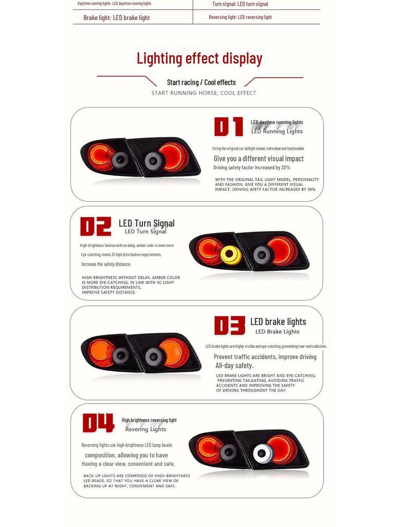 Compatible with 2003-2015 Mazda 6: Modified LED Rear Tail Lights with Daytime Running, Turn Signals, and Reverse Lights.