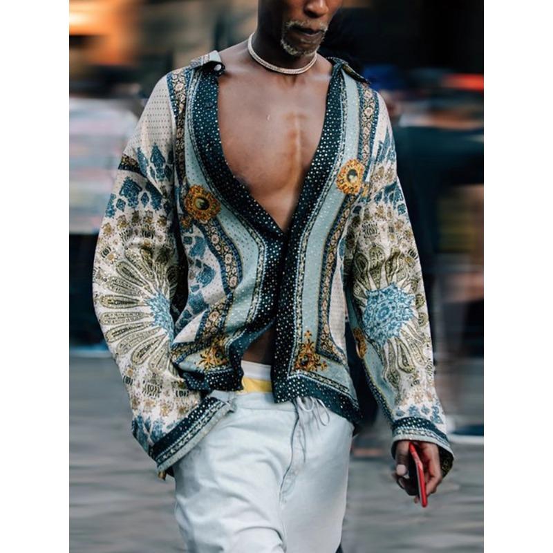 Men Casual Loose Printed Long Sleeve Turn Down Collar Shirt