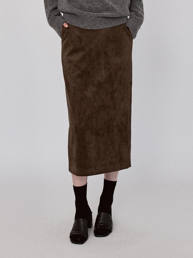 Leusejiem Basic Suede Long Skirt - Khakibrown