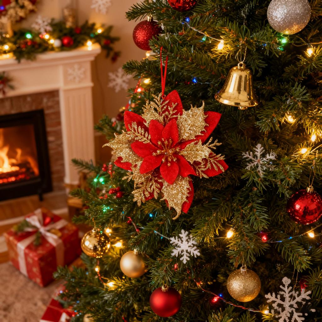 10pcs Glitter Poinsettia 5.5 Inch Artificial Flower Christmas Clip Stem Christmas Tree Ornaments For Wedding Party Wreath Decoration