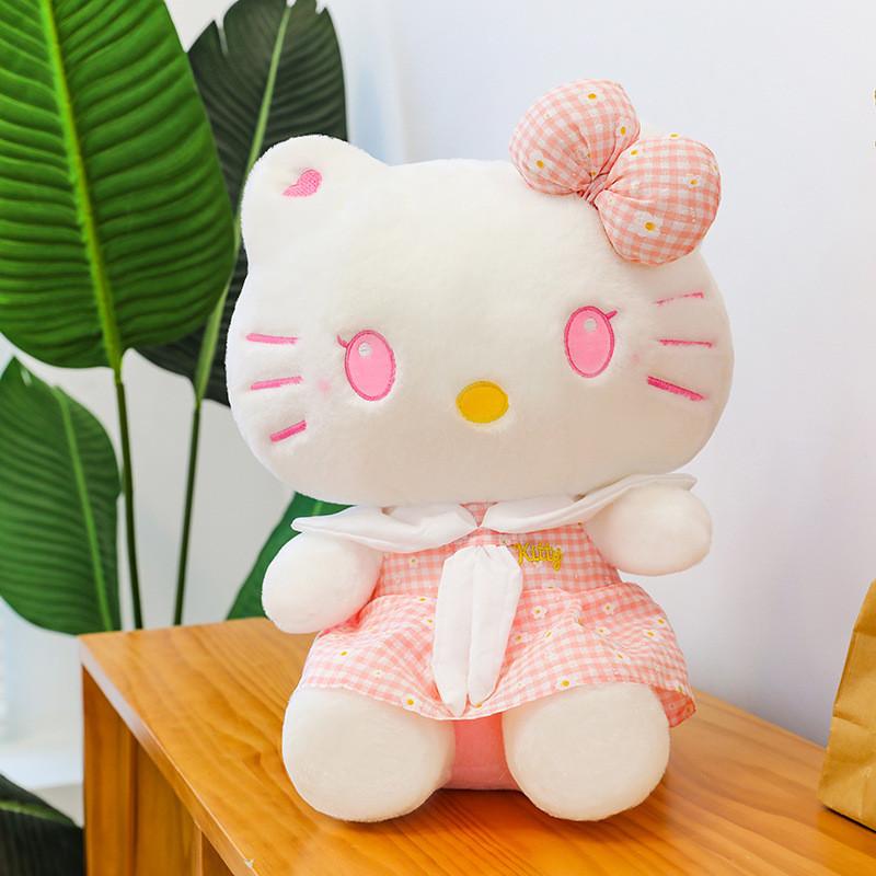 

Adorable Pink And Blue Kt Cat Plush Doll With Summer Checkered Dress For Kids 35cm/13.78in розовый