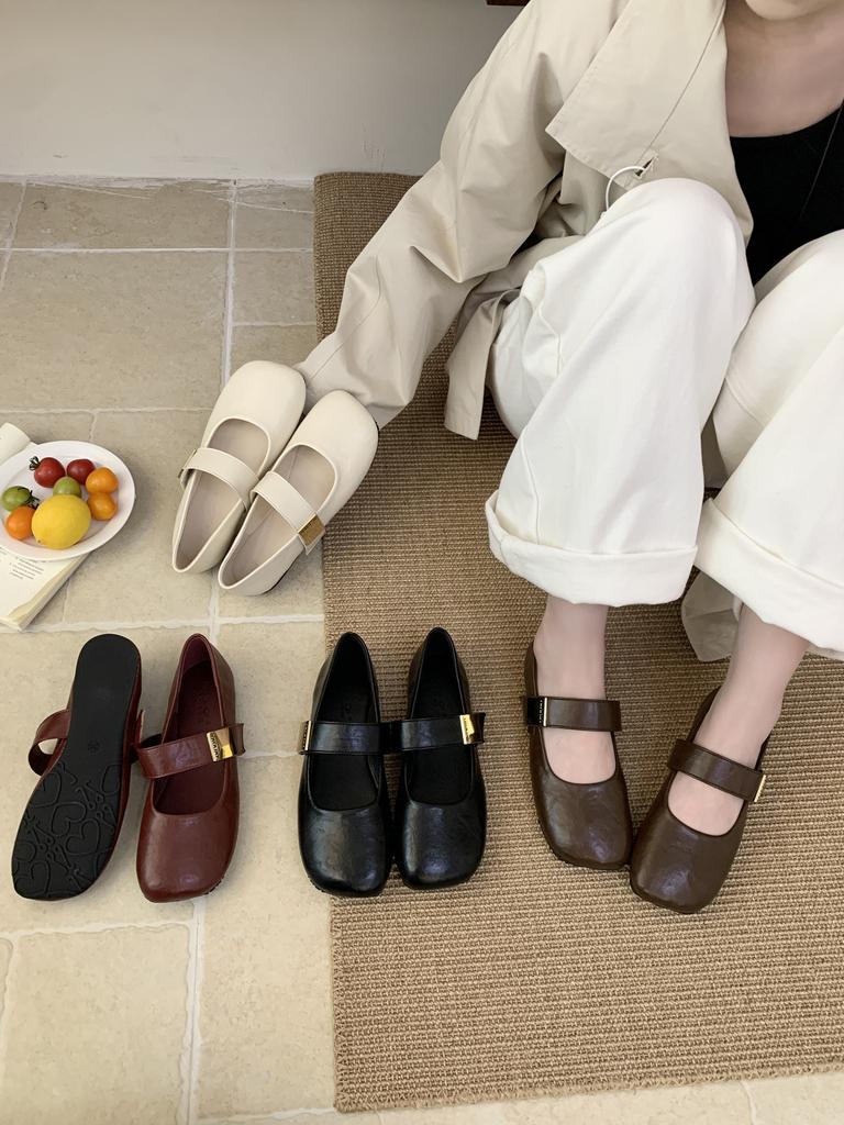 Französisch Retro Licht Mund Spät Abend Brise 2025 Frühling Neu Ein-Wort mit eckiger Spitze Weiche Sohle Koreanische Version Kleine Lederschuhe Damen