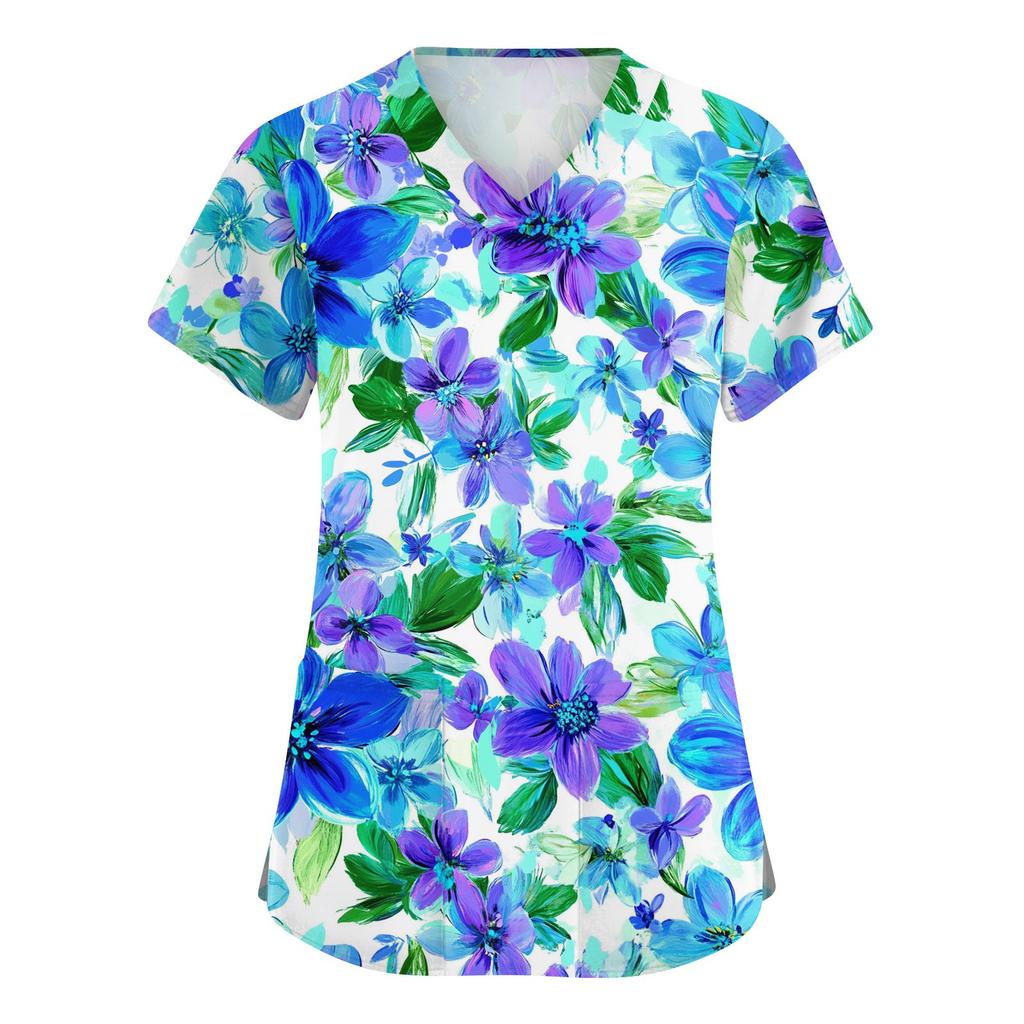 Women's Fashionable V-neck Workwear Printed Short Sleeved Pocket Side Slit Workwear Basic Pullover Top