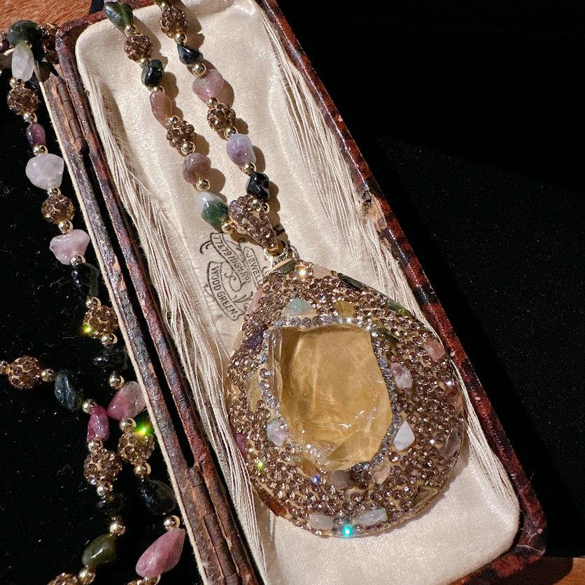 Damascus Rose Glazed Bracelet Vintage Plated 18K Gold, Baroque Citrine Drop Sweater Chain