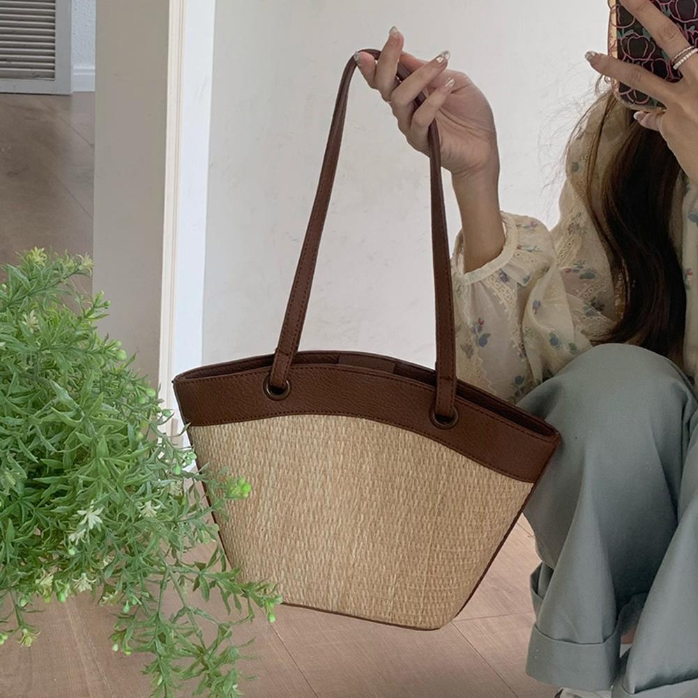 Women Straw Woven Tote Bag Fashion Woven Handbag Large Capacity Handwoven Shoulder Bag Patchwork Vintage for Outdoor Travel