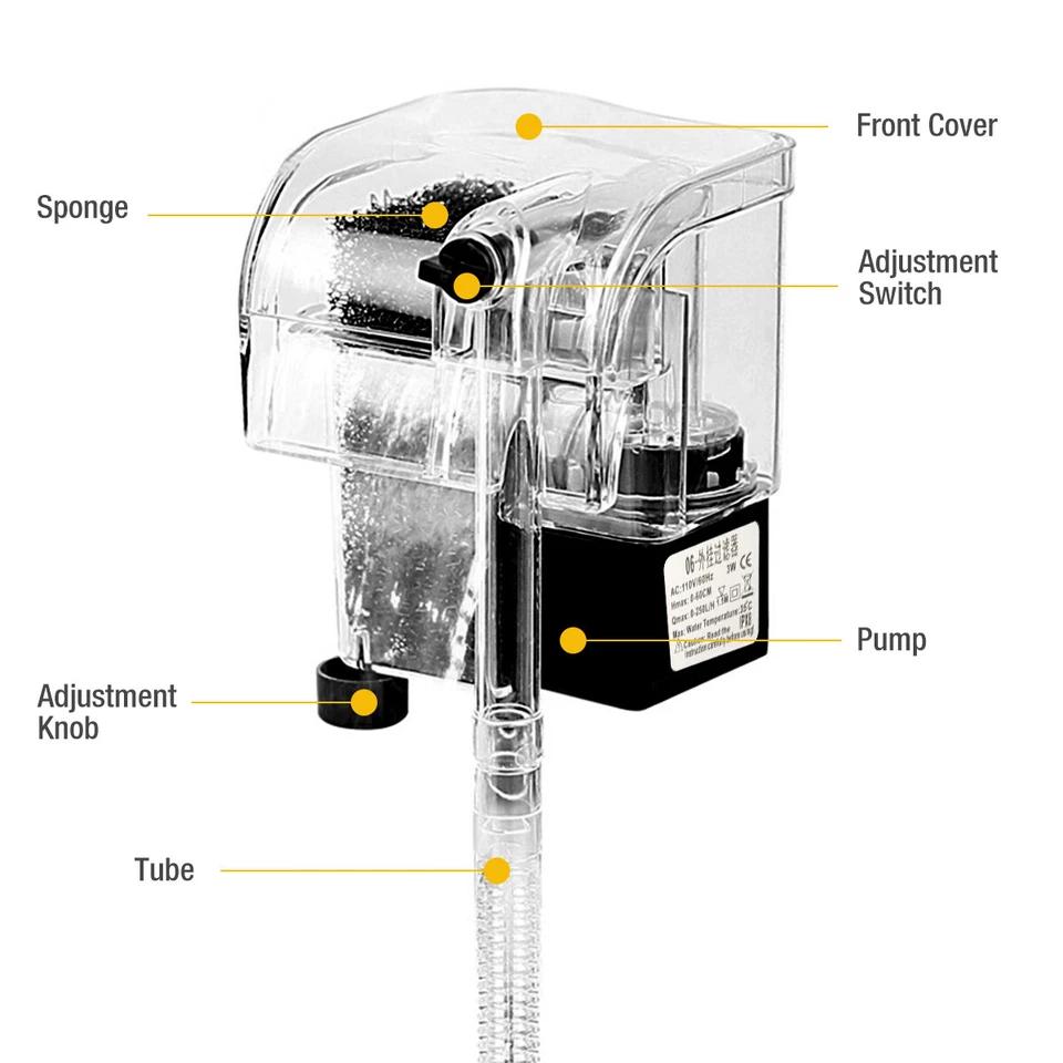 USB Powered Suspended Aquarium Filter Mini Hanging 2.5W 250L/H Flow for Small Fish Tanks Below 30cm Freshwater Pond Water Pump