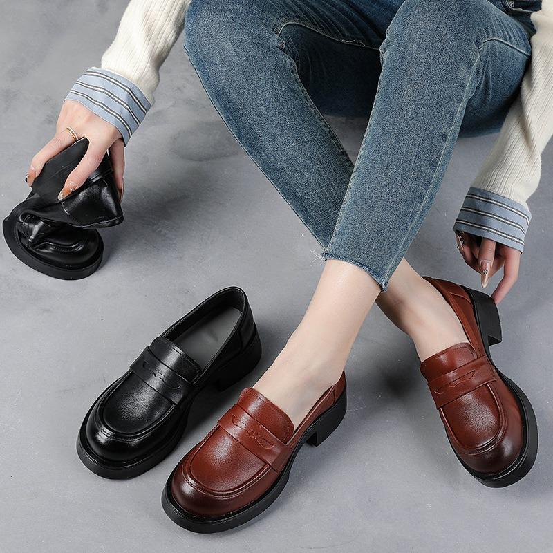 First Layer Cowhide High Heels Women's Retro Leather Shoes Muffin Heel Small Leather Shoes Genuine Leather Women's Shoes