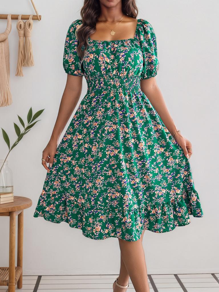 Real Shot Women's Skirt Spring and Summer New European and American Floral Square Neck Short Sleeve Waist Ruffled Dress