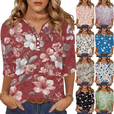 Women's Fashionable Casual Retro Floral Print V-Neck Button-Down Three-Quarter Sleeve T-Shirt Top