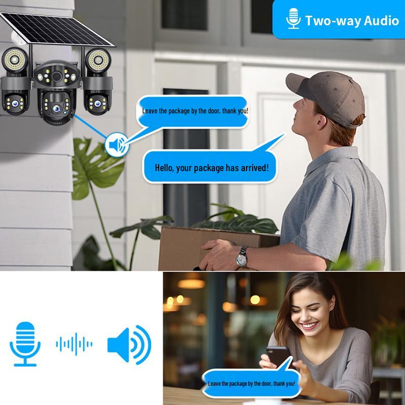 V380 Solar-Powered Triple-Lens Outdoor Smart Surveillance Camera with LED Light