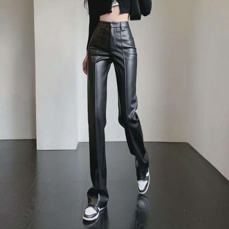 2023 High-Waist Black Leather Wide-Leg Pants for Women - Slim, Straight, Casual Style