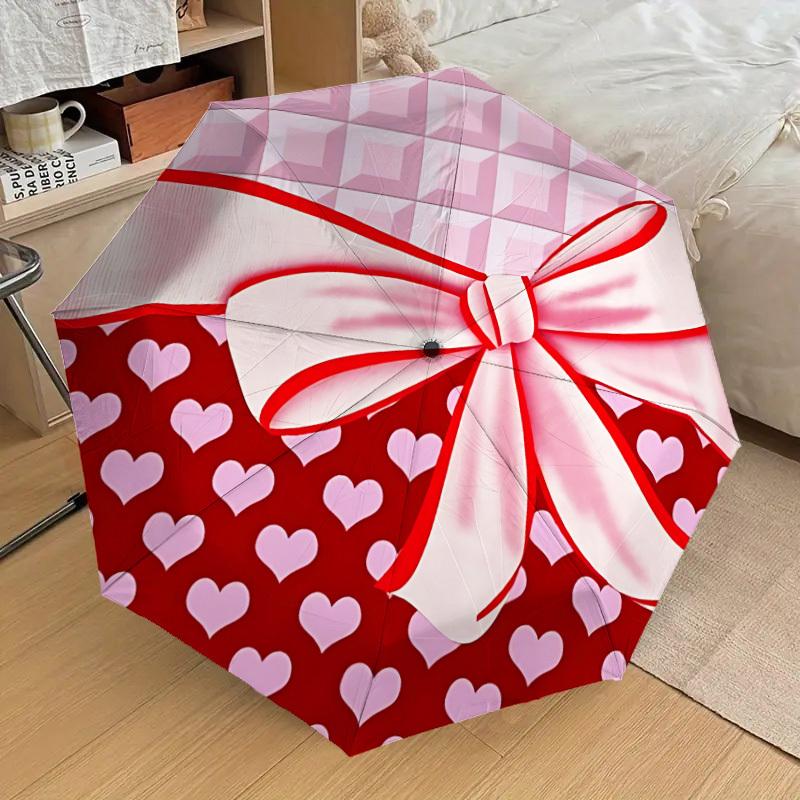 

1pc Heart Print Bow Automatic Folding Umbrella, 8 Ribs Iron Frame, Suitable for Outdoor Travel and Daily Use yy251120215