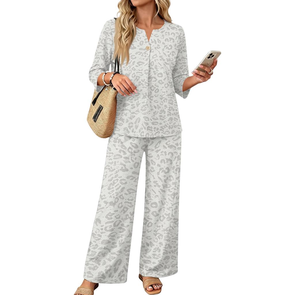 Women's Casual Leopard Print 3/4 Sleeve Button Top Wide Leg Pants Two Piece Outfit Set