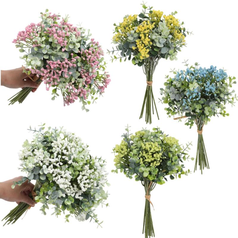 4pcs Plastic Fake Flower Artificial Eucalyptus Gypsophila Bouquet Restaurant Decoration Green Eucalyptus Leaf Simulation Flowers