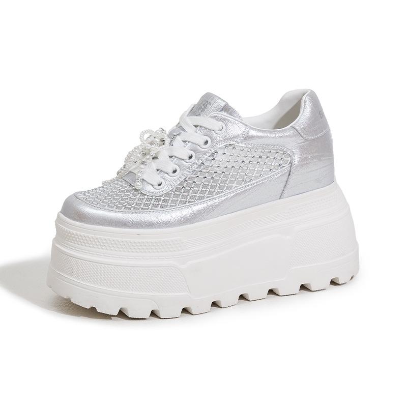 Little White Shoes Women's 2025 New Summer Rhinestone Thick-soled Hollow Mesh Sandals Versatile Breathable Inner Height-increasing Women's Shoes