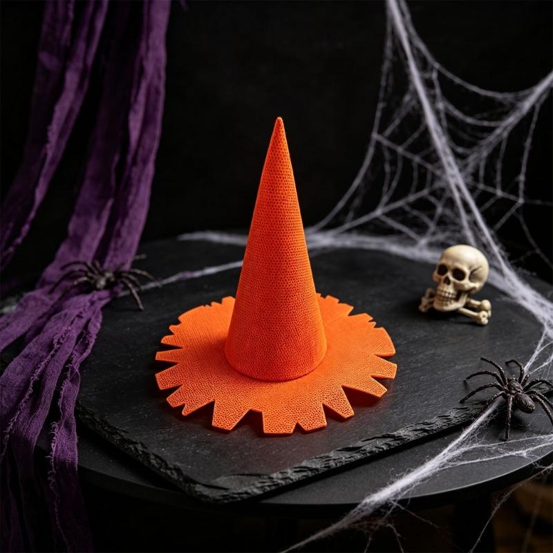 Halloween-Hexenhut für Erwachsene mit hoher, strukturierter Form und eckigem, breitem Rand, faltbare Polyester-Kostümkopfbedeckung
