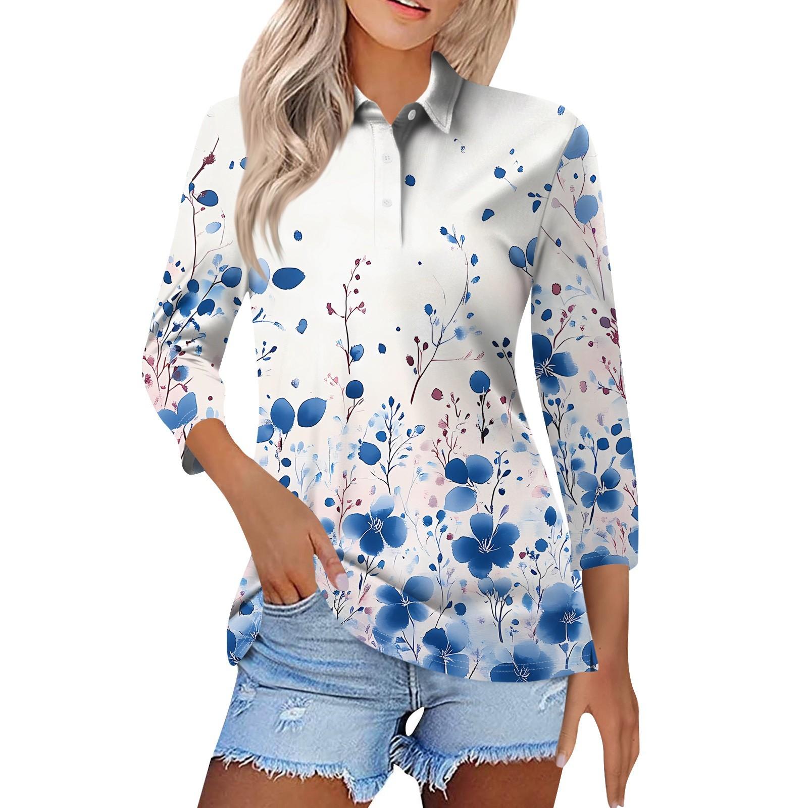 

Женская модная повседневная рубашка с короткими рукавами 3/4 с лацканами и принтом, женские топы на пуговицах L синий