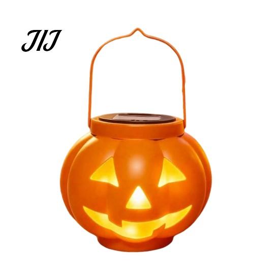 Weather Resistant Patio Lanterns Halloween Pumpkin Solar Lantern, Waterproof Outdoor Hanging Light, Orange Decorative Resin Lamps Spooky Face Lantern