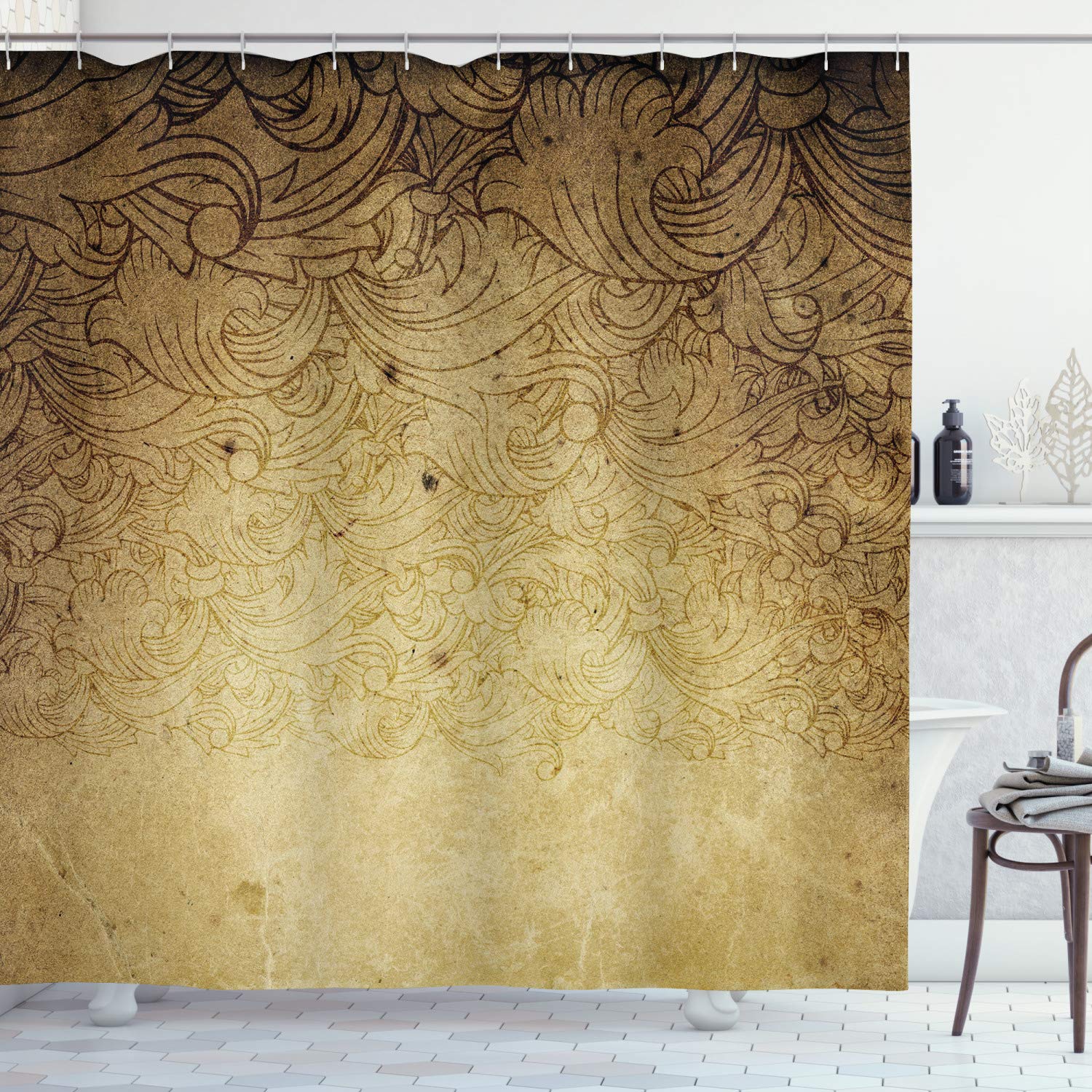 

Antique Shower Curtain,Victorian Style Medieval Motifs With Classic Baroque Oriental Shapes,Cloth Fabric Bathroom Set With Hooks W60H190(CM)-1 Pcs