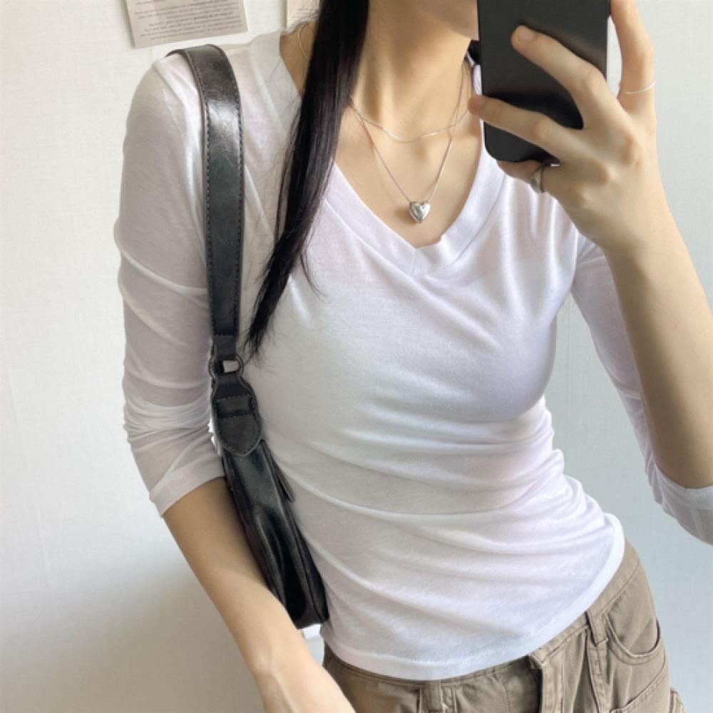 New ArriVals Open Run Women V Neck Sheer Long sleeVe Slim FiT T shirT
