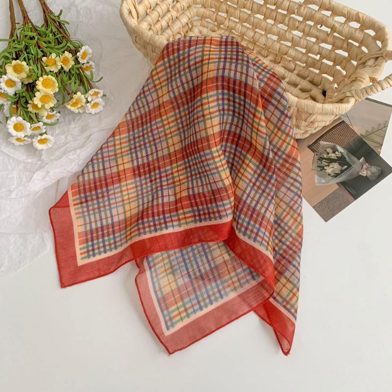 Silk Scarf Neck Small Square Scarf High-end New Versatile Plaid Headscarf Summer Women Pastoral Headband Tied Hair Streamer
