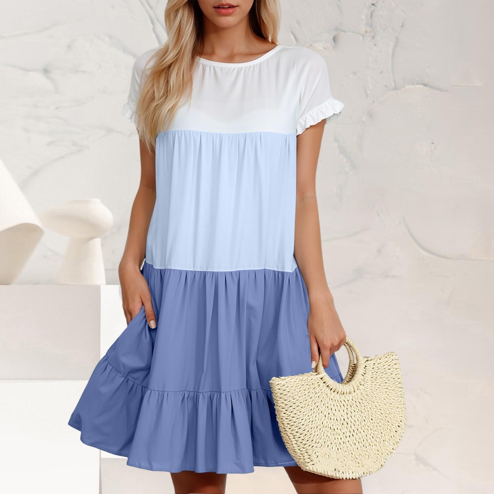 

Женская повседневная модная юбка с круглым вырезом и коротким рукавом, однотонная, с плетением L синий