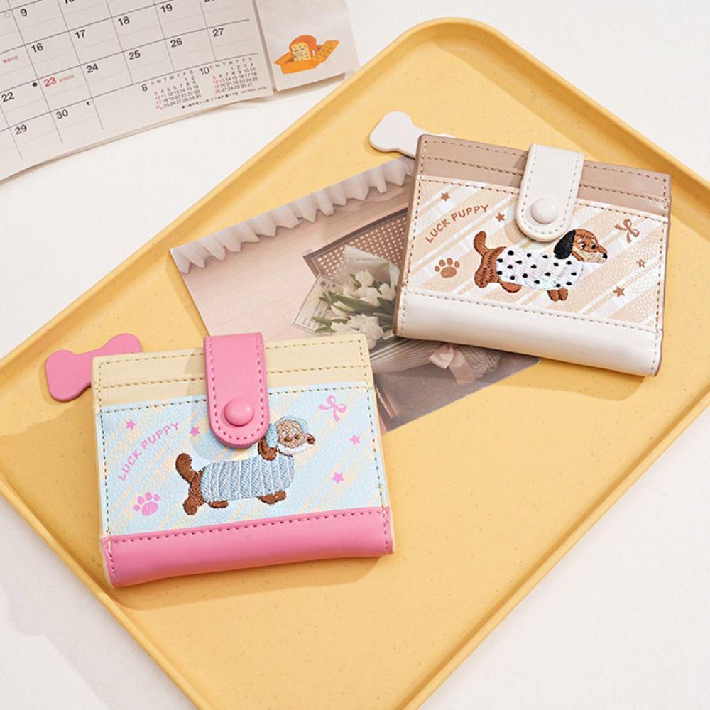 Korean Style Embroidery Sausage Dog Wallet Purse PU Leather Card Holder Card Bag  Women