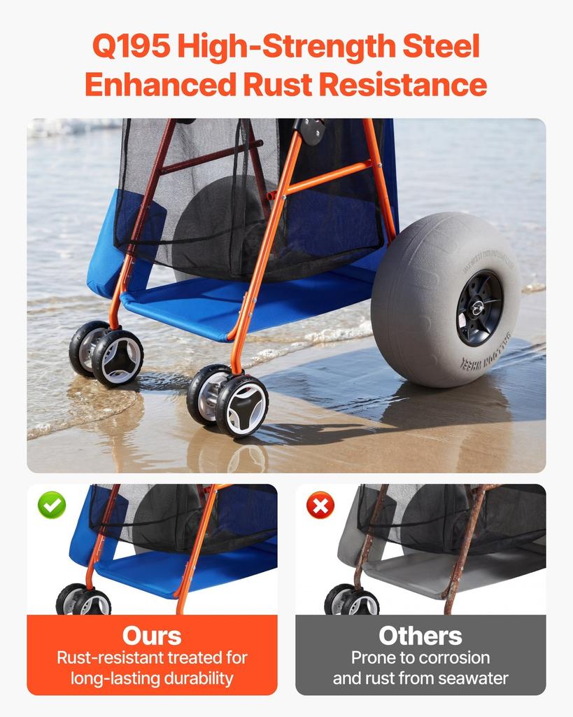Strandkarre mit großen Rädern für Sand, 75 kg Tragfähigkeit, Robuster faltbarer Strandwagen mit 320 mm Ballonrädern, Isolierte Kühltasche, Sonnenschirm