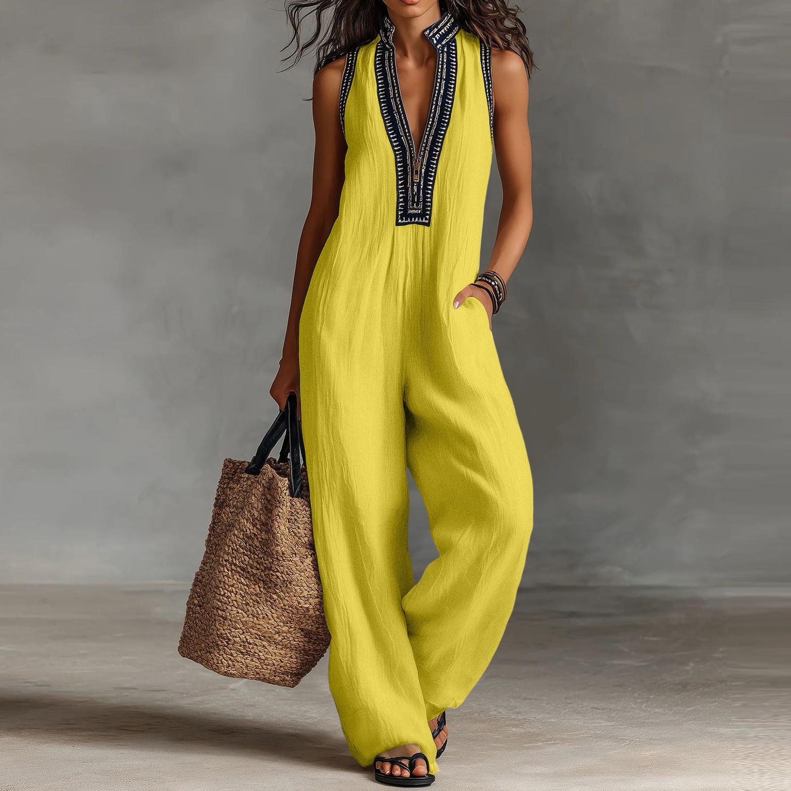 

Women s Fashion Cotton And Linen Strappy Jumpsuit/Overalls XL жовтий