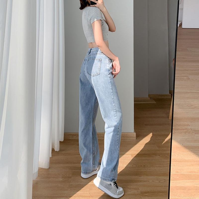 Slant Button Jeans Women's Summer Irregular High-waisted Thin Wide-leg Straight Drape Drag Trousers