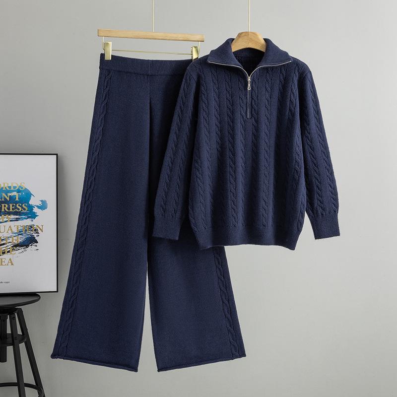 Women's Versatile Autumn/Winter Half-Zip Knit Top and Wide-Leg Pants Set