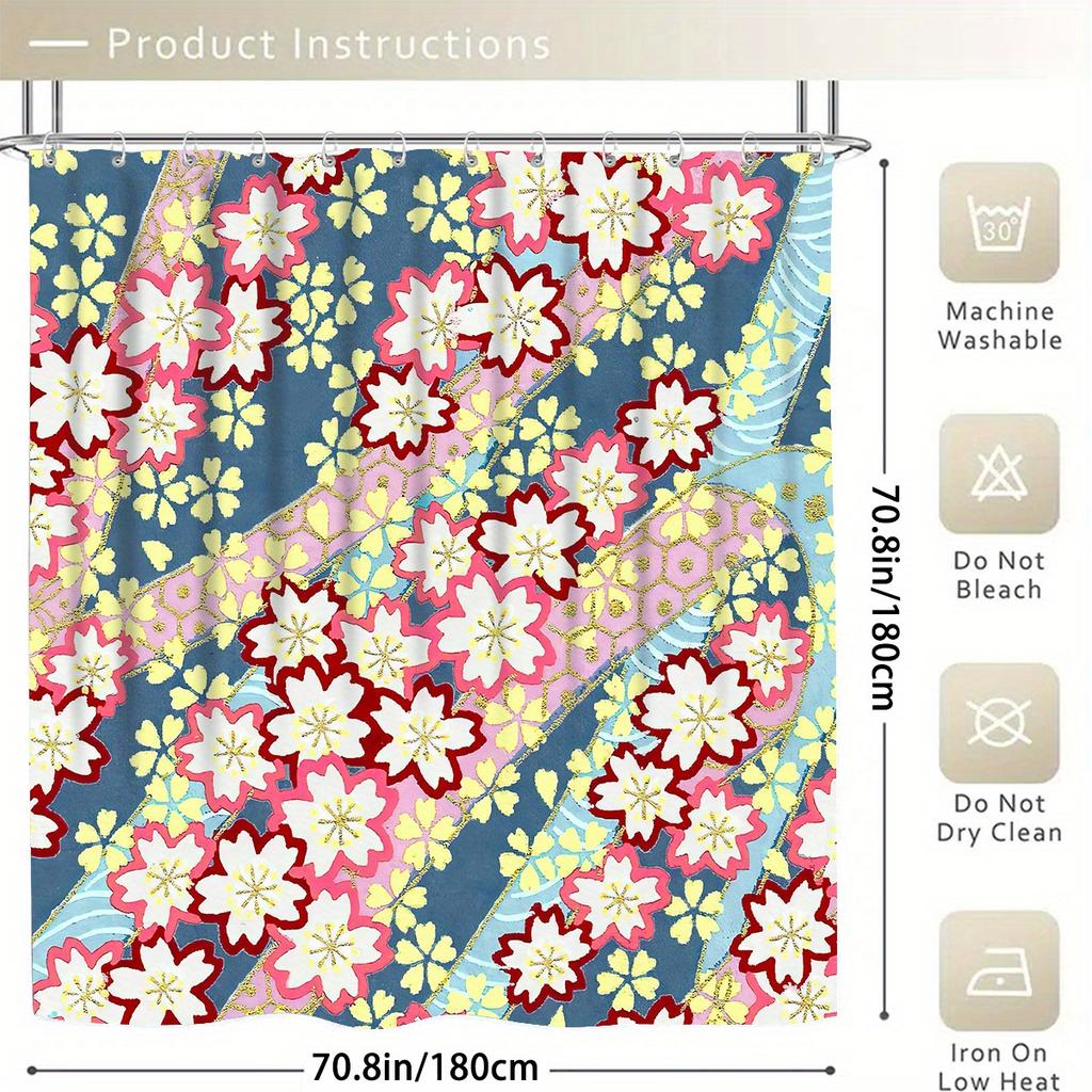 Plum Blossom 4pcs Cartoon Characters Shower Curtain Set - 12 Hook Waterproof Shower Curtain with Non-Slip Rug, Toilet Mat,