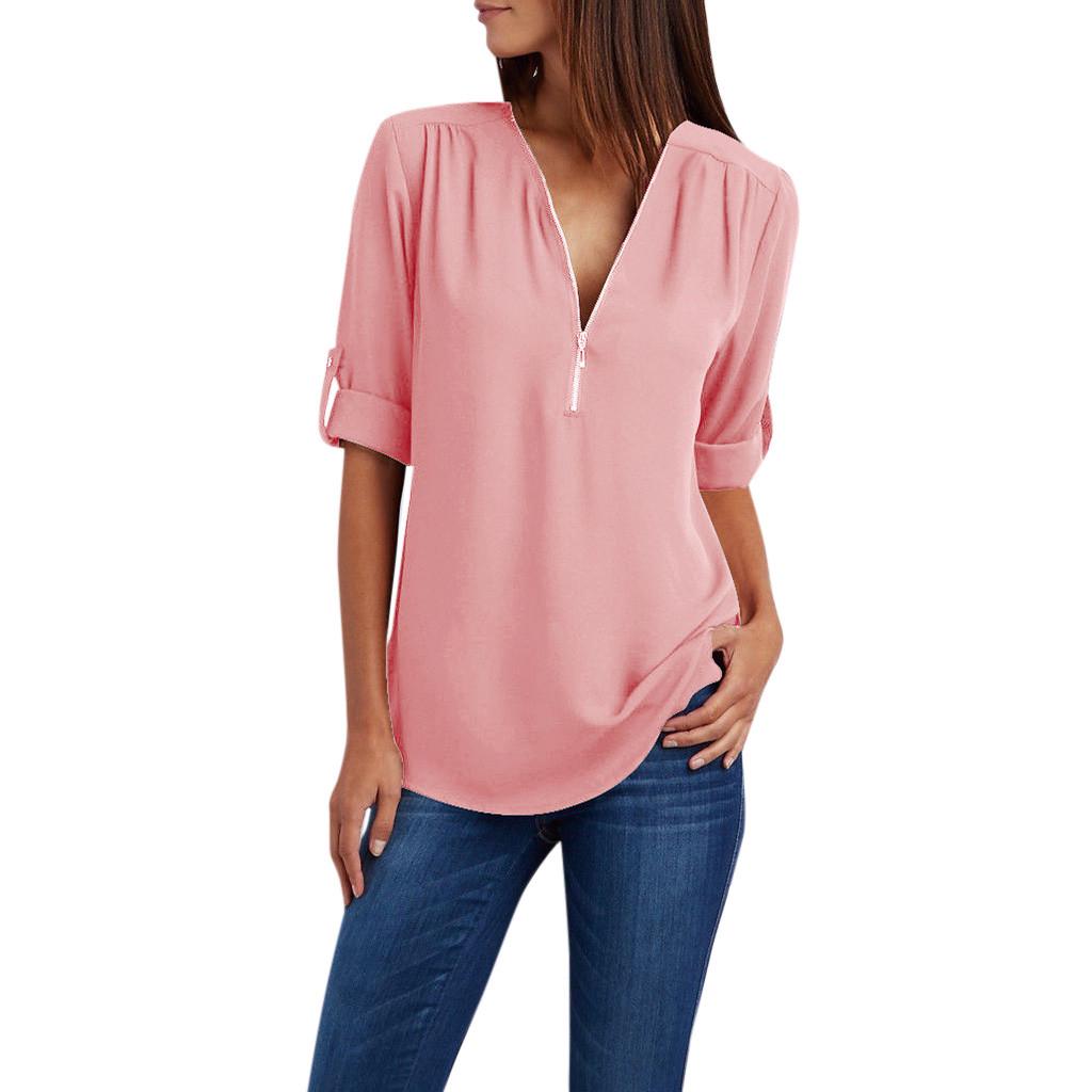 Women Ladies Zipper Button Long Sleeves Loose Chiffon Shirt Clothing
