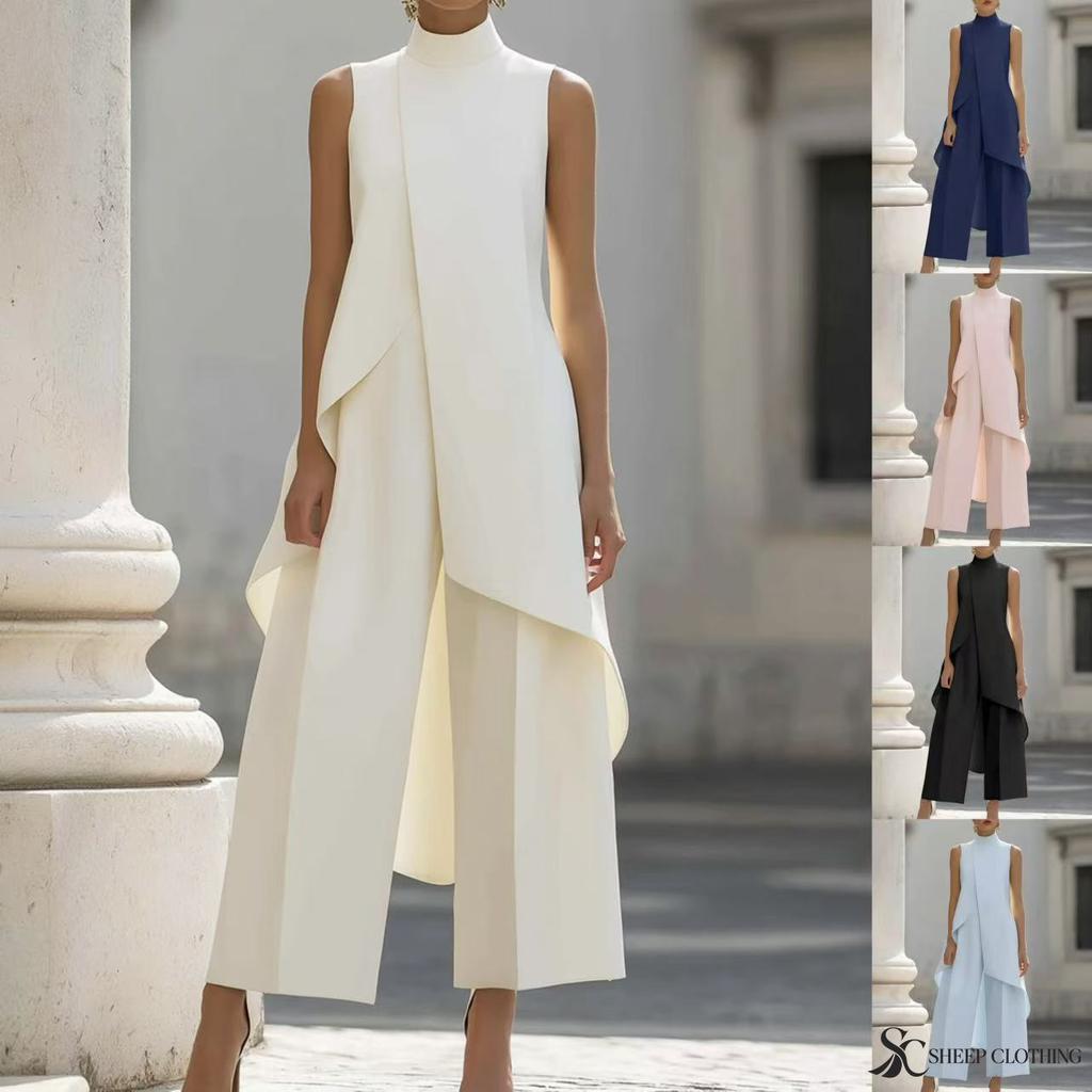 Women's High Neck Asymmetrical Sleeveless Top and Wide Leg Pants Two Piece Set