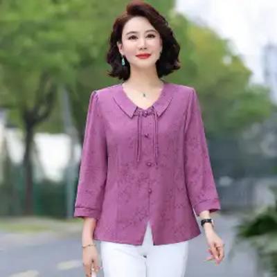Damen Sommer Lila Bestickte 3/4 Ärmel Bluse Lässiges Hemd für Mama