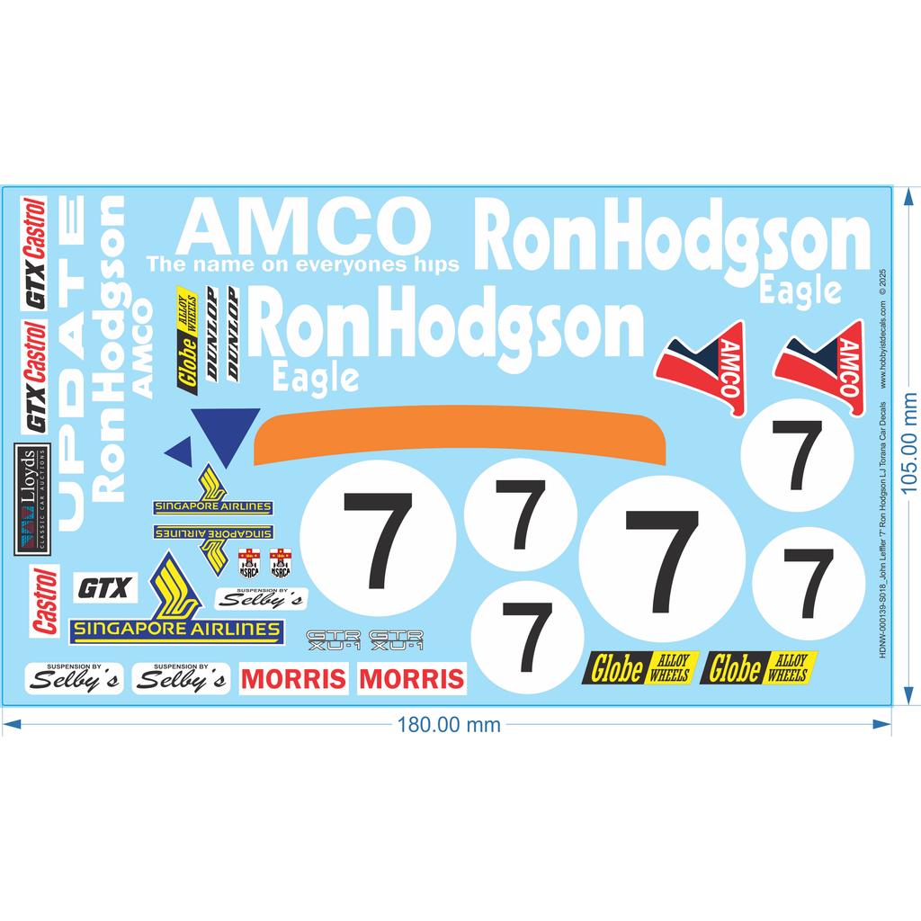 John Leffler '7' Ron Hodgson LJ Torana Car Decals - 1/18 - Water Decal