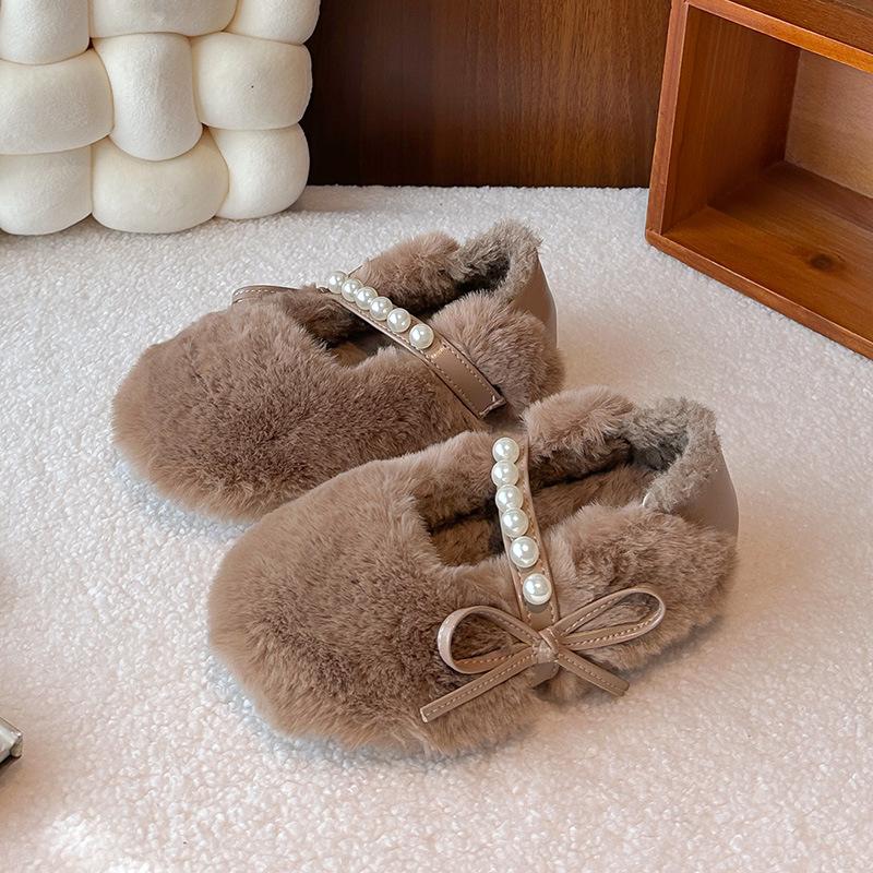 Children's Furry Shoes, Girls' Cotton Shoes, New Autumn and Winter Non-slip Soft-soled Outdoor Shoes with Pearl Bows, Warm Shoes