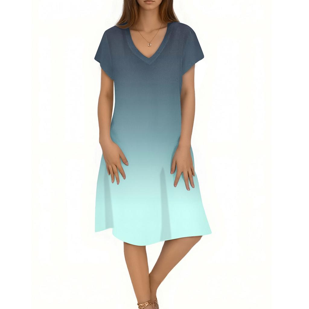 Ladies Casual Fashion V-neck Short Sleeve Gradient Print Mid-length Flowing Dress