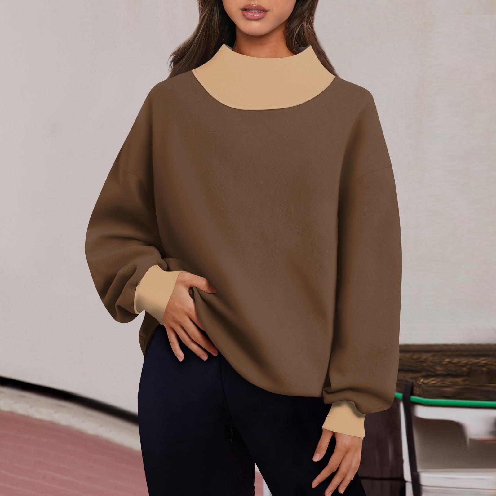 

Женская мода с длинным рукавом и цветными блоками, свободная водолазка с разрезом и половиной водолазки, топ L кофейный