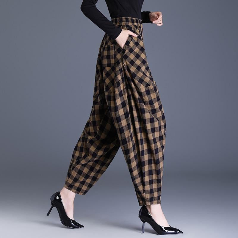 cotton plus size vintage plaid high waist casual loose spring autumn Pants Women Loose Casual Trousers