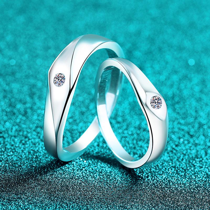 Yin Baichuan S925 Sterling Silver Moissanite Couple Rings - Simple Diamond Band for Valentine's Day or Anniversary Gift