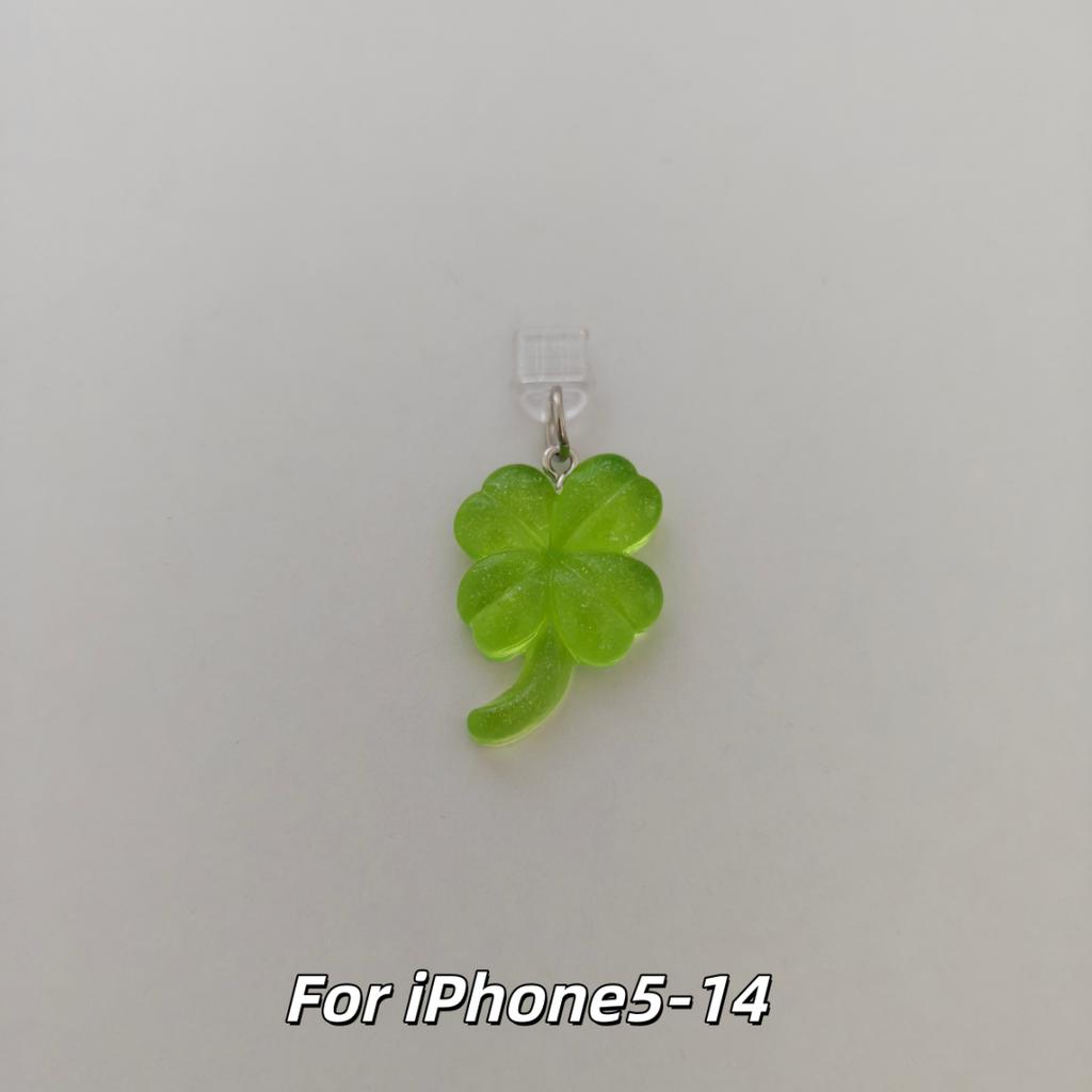 Lucky Four-Leaf Clover Phone Dust Plug Fresh Green Charging Port Dust-Proof Protective Plug Universal for Iphone/Android Phones Decorative Charm Good