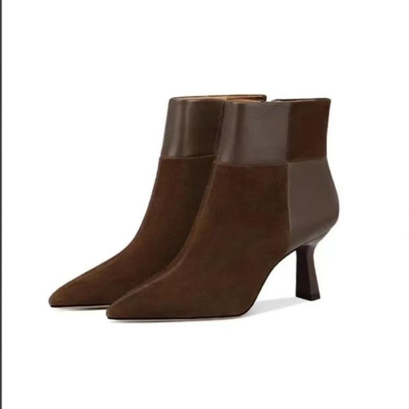 

Высококачественная женская обувь, женские ботильоны, классические современные ботинки, женские туфли с острым носком и боковой молнией, на тонком высоком каблуке 42 темно-коричневого