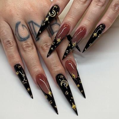 Long Stiletto False Nails Moon Stars Press On Nails Fashion Nail Tips  Women Girls