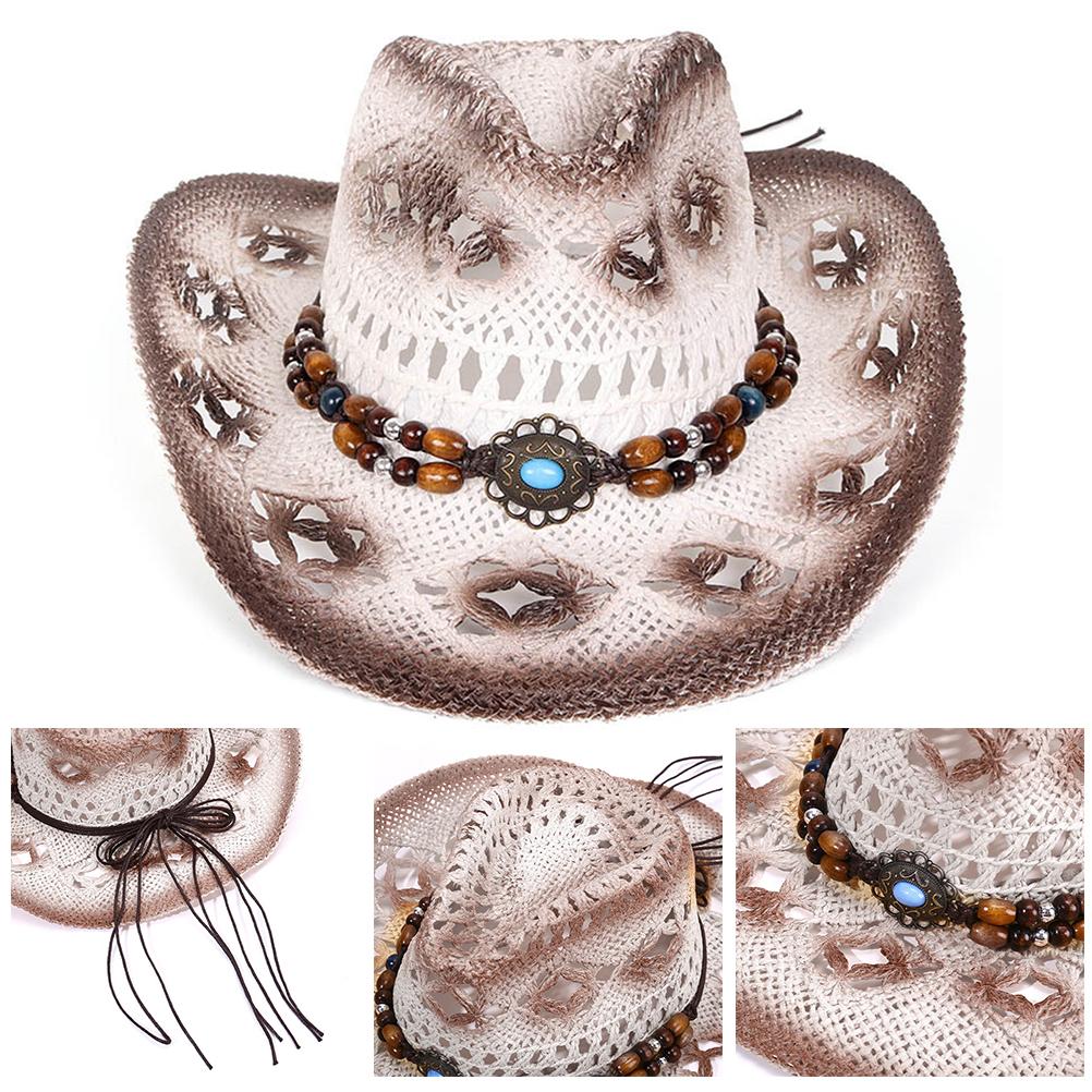 Halm cowboy cowgirl lue for menn kvinner bred skygge hul pustende solhatt med perlebånd