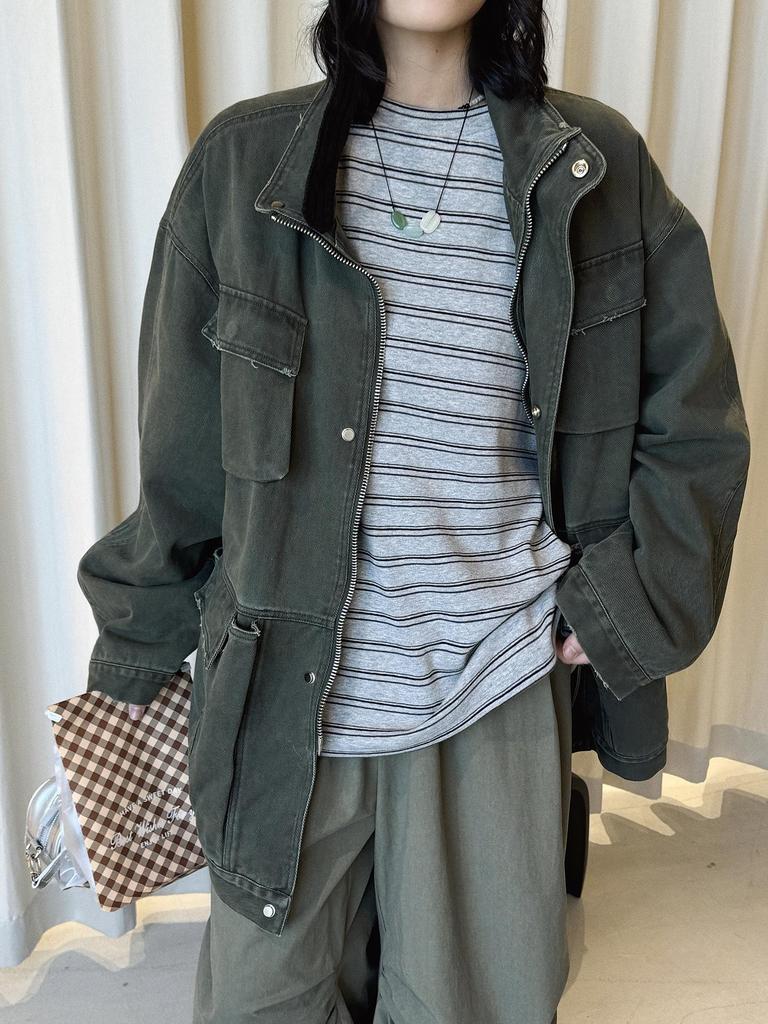 Louvre Spring Retro Korean Stripe Color Block Round Neck Casual Women's T-Shirt